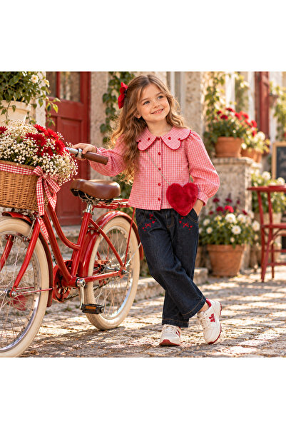 ministok Lovely Kalp Yaka Gömlek Baloon Jean Pantolon Çanta Aksesuarlı 3'lü Kız Çocuk Takım