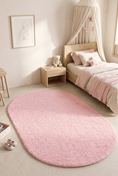 Villadia Home Textile Pembe Oval Post Tavşan Tüyü Çocuk Halısı – Yumuşak Pelu...