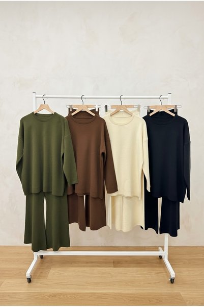 Lovely butik Set de tricotaje supradimensionate pentru femei, cu pulover cu gât rotund și pantaloni largi