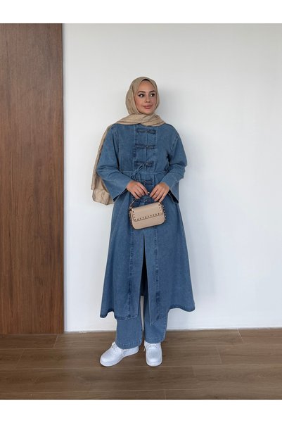 Colomer Women's Chinese-Inspired Detail-Embellished Top with Buttons and Belted Jeans Tunic Pants Set