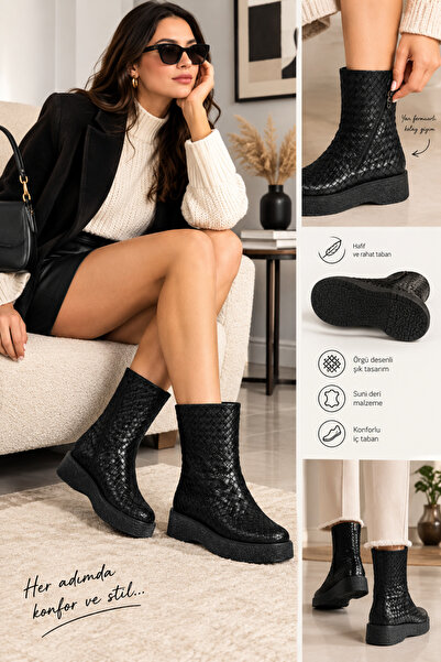 CICIKIZ Code. 321. Knitted Look Printed Leather, Zippered, Fur-Lined Inside, ...