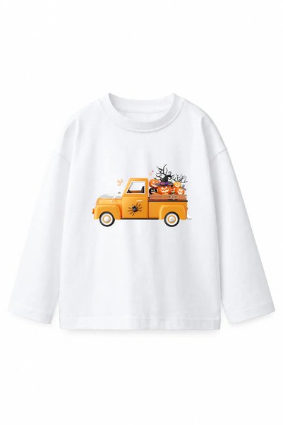 Dükkan Artı Halloween Kids' Long Sleeve T-Shirt – Pumpkin Halloween Truck Pat...