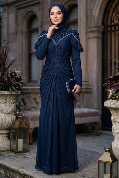 N.S NEVA STYLE فستان سهرة درابيلي باللون الأزرق الداكن 70196L