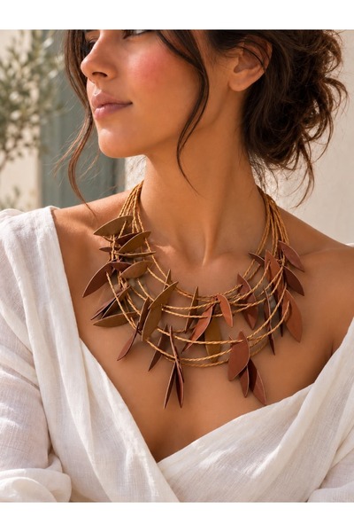 Kutcha Accessories Tan and Brown Leather Leaf Multi-Strand Necklace