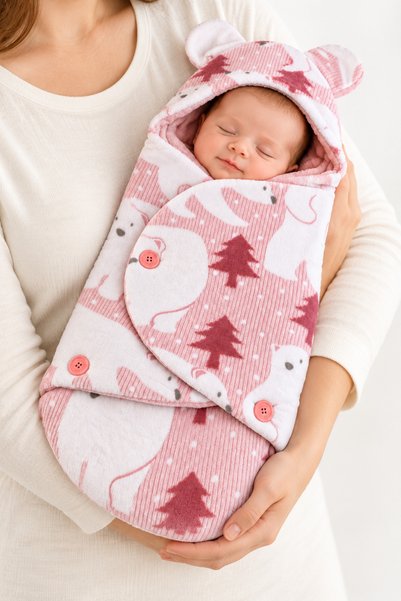 İZYALİF BABY Polar Bear Patterned Hooded Plush Baby Swaddle with Ears, One Size, Soft
