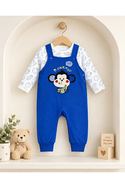 Tuğra Bebe Baby Boy 100% Cotton Monkey Embroidered Salopet and Long Sleeve T-...