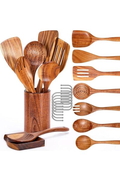 Generic Natural Teak Kitchen Cooking Utensil Set with Holder, Wooden Spoons f...