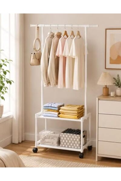 Generic Metal Clothes Rack with Top Rail, 2 Lower Shelves & Wheels, White– Di...