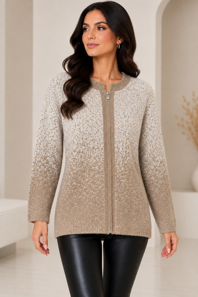 CNR TEKSTİL Women's Brown Gradient Knitwear Cardigan – Zippered Crew Neck