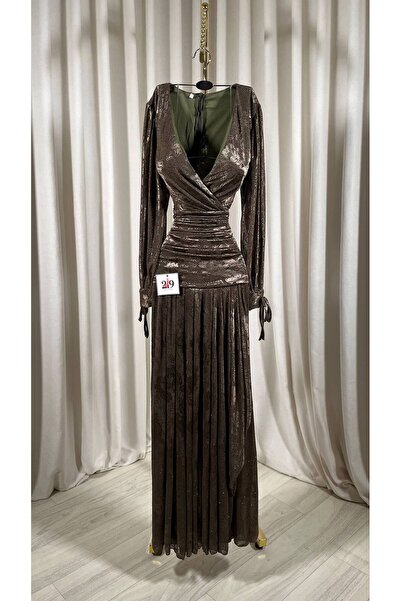 Boutique 219 فستان سهرة، زيتوني غامق، برّاق، أكمام طويلة، فتحة V، زمزمات خصر،...