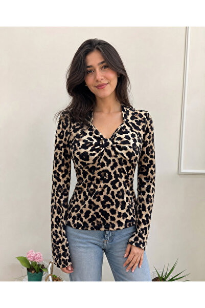 Missrelda Moda Kadın Uzun Kollu Leopar Desen Büzgü Detay Esnek Bluz
