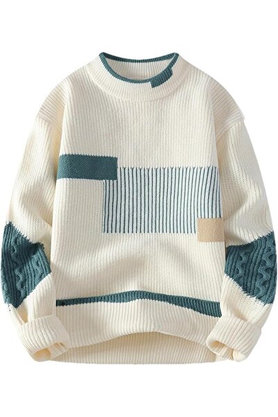 GENERAL Men's Mock Neck Color Block Sweater Cable Sleeve Relaxed Winter Pullover