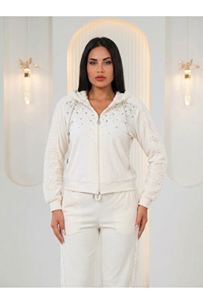 Taj Moda Taş Detaylı Kapüşonlu Kadife İkili Eşofman Takımı