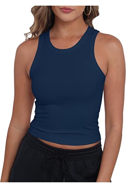 GENERAL GEMBERA Womens High Neck Racerback Ribbed Crop Top Sleeveless Fitted ...