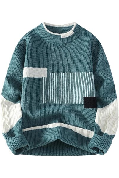 GENERAL Men's Mock Neck Color Block Sweater Cable Sleeve Relaxed Winter Pullover