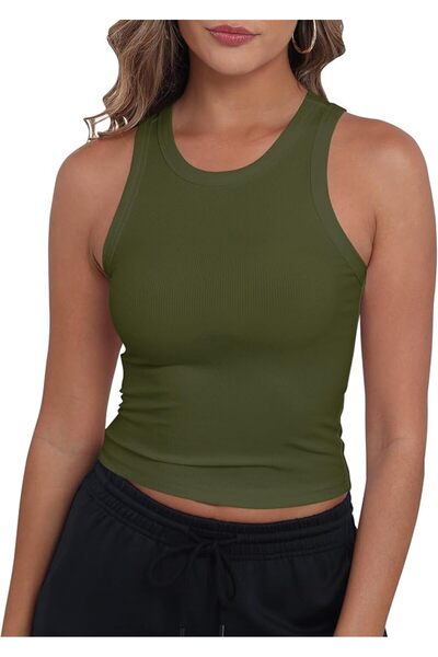 GENERAL GEMBERA Womens High Neck Racerback Ribbed Crop Top Sleeveless Fitted ...