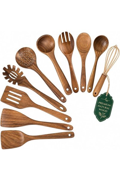 Generic 10 Piece Natural Wooden Kitchen Utensil Set, Smooth Teak Wood Spoons ...