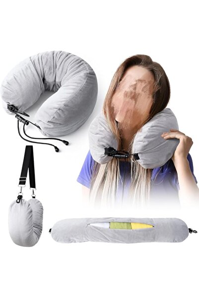 Yelajoy Stuffable Grey Velvet Neck Pillow for Travel, Adjustable U-Shape, No ...