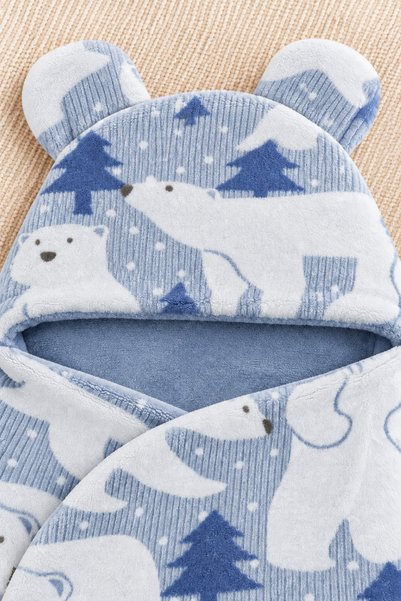 İZYALİF BABY Polar Bear Patterned Hooded Plush Baby Swaddle with Ears, One Size, Soft