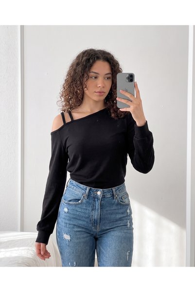 Missrelda Moda Women's Black One Shoulder Cross Strap Long Sleeve Casual Blouse