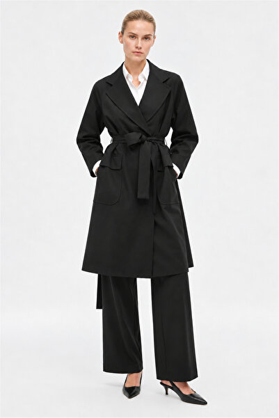 Perspective Black Belted Long Trench Coat