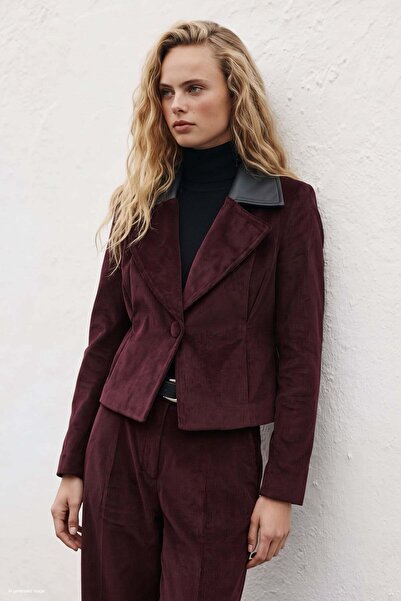 Sateen Bedene Oturan Kadife Ceket - Bordo