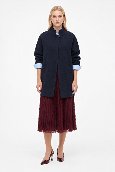 Perspective Navy Blue High Collar Oversize Coat