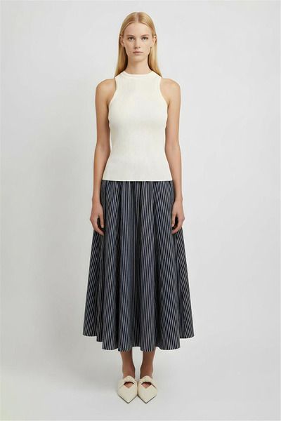 Perspective Navy blue striped midi skirt