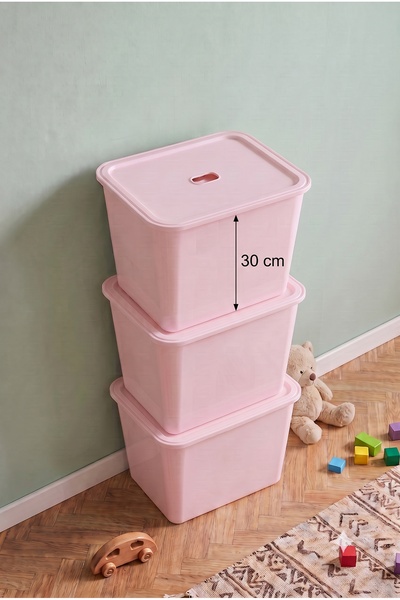decosense 3 Pieces of Ultra Large 24 Liter 40X30X30 cm Polypropylene Plastic Organizer with Pink Lid - 3-Piece Toy Box and Storage Basket