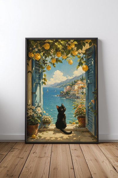 Mercher Club Siyah Kedi Looking Akdeniz Sahil Çerçeveli Tablo Poster Salon Du...