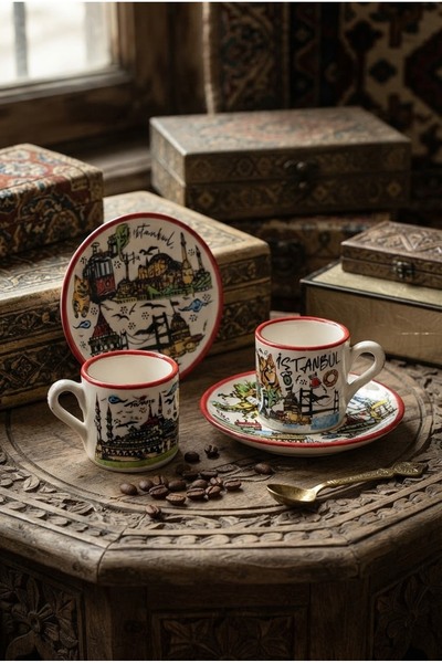 Generic Brand Istanbul Themed Ceramic Turkish Coffee Cup Set for 2 People