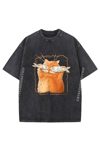 JANTIL MODA Tricou cu imprimeu amuzant cu pisică pescuind pește, negru, vinta...