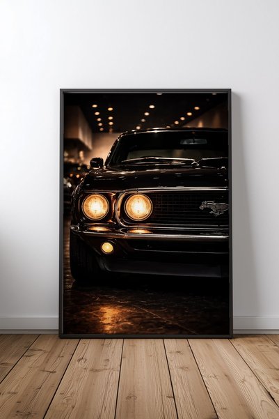 Mercher Club Klasik Siyah Mustang Araba Close-Up Çerçeveli Tablo Poster Erkek...