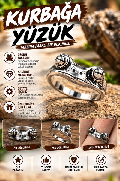 FG KONNİCHİWA Lucky frog ring – silver color figured ring with red stone eyes