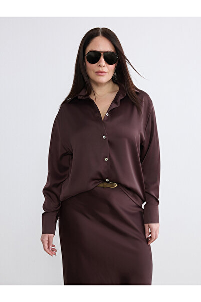 LC Waikiki Two Mt Shop Quality Soulife Brown Plus Size Satin Women's Shirt