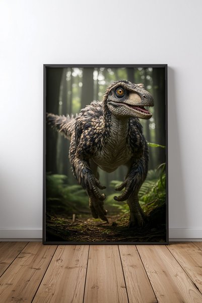 Mercher Club Feathered Dinozor Orman Çerçeveli Tablo Poster Salon Duvar Dekor...