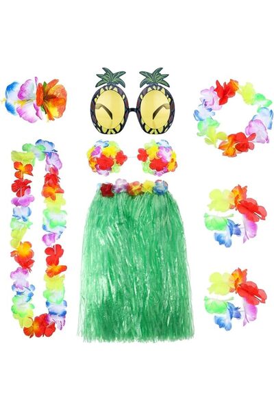 GENERAL 8 Pieces Hula Skirt Costume Kit, Hawaiian Leis Grass Skirt with Flowe...