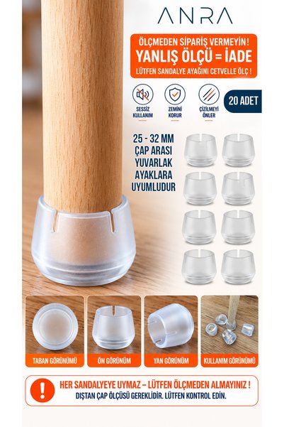 Anra 20 Ad 25-32 Mm Dayanıklı Kaliteli PVC Sandalye Ayak Pabucu Yuvarlak Zemi...