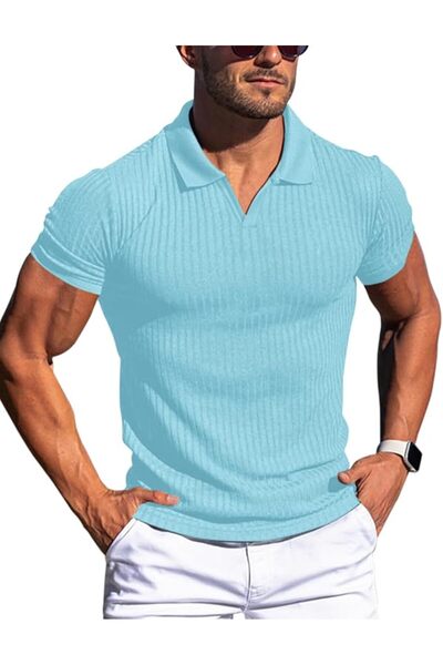 GENERAL Men's Muscle V Neck Polo Shirts Slim Fit Short Long Sleeve Cotton Gol...