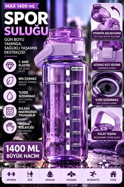 Monrize Concept 1400 ML Büyük Boy Spor Suluğu Otomatik Açılır Kapaklı Sızdırm...