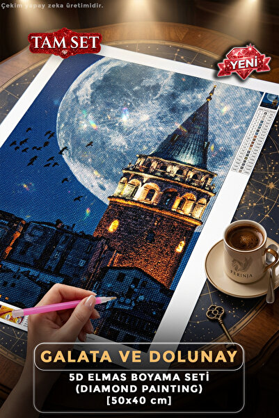 Galata ve Dolunay - 5D Elmas Boyama Seti Hobi Kiti - Diamond Painting - Mozaik Goblen Boncuk Taşlı Puzzle Pano Tablo 50x40 cm