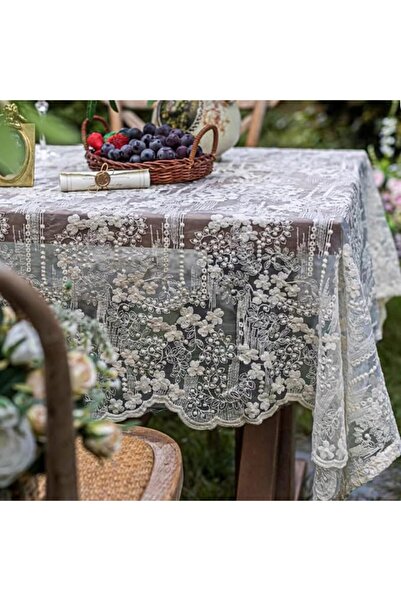 GENERAL White Lace Tablecloth Rectangle Long Embroidered Vintage Table Cloths...