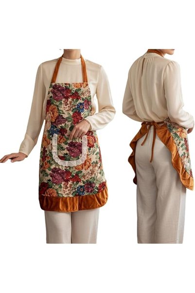 TERRIFI Pinafore Apron for Women, Elegant Floral Kitchen Apron with Pocket & ...