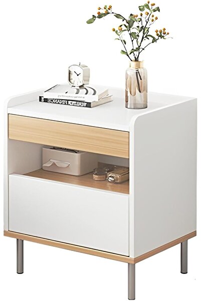 Generic Bedside Table, Night Stand with 2 Storage Drawer and Open Shelf, Whit...