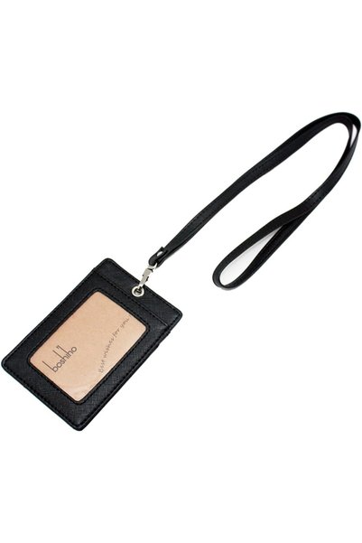 Generic Vertical Style Leather ID Card Badge Holder with Keychain Lanyard (Bl...