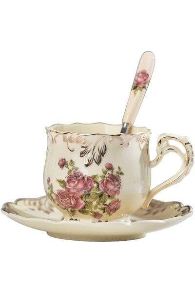 Generic Vintage Floral Tea Cup and Saucer Set with Gold Trim - Elegant Cerami...