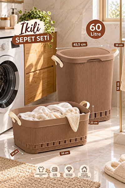 Porsima İkili Çamaşır Sepeti Seti – 60 Litre Kapaklı Kirli Çamaşır Sepeti ve ...