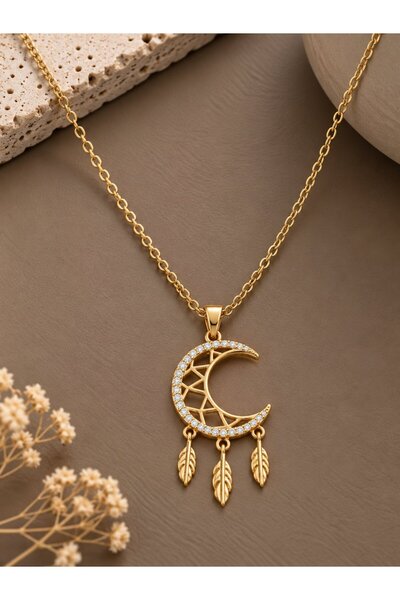 serelya 316L Steel Chain Gold Color Engraved Zircon Stone Moon Necklace