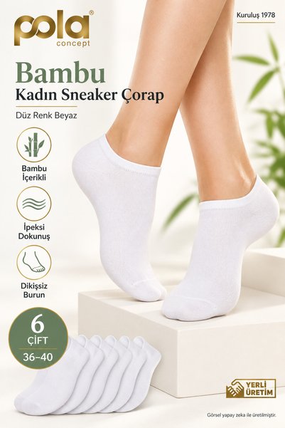 Pola Bambu Kadın Sneaker Çorap Düz Renk Beyaz 6'lı SET