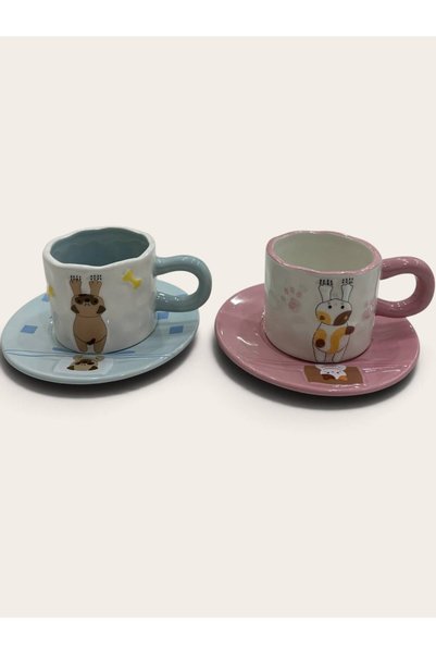 Pixue Set of 2 Porcelain Coffee Cups with Saucers and Cute Cat and Dog Figures